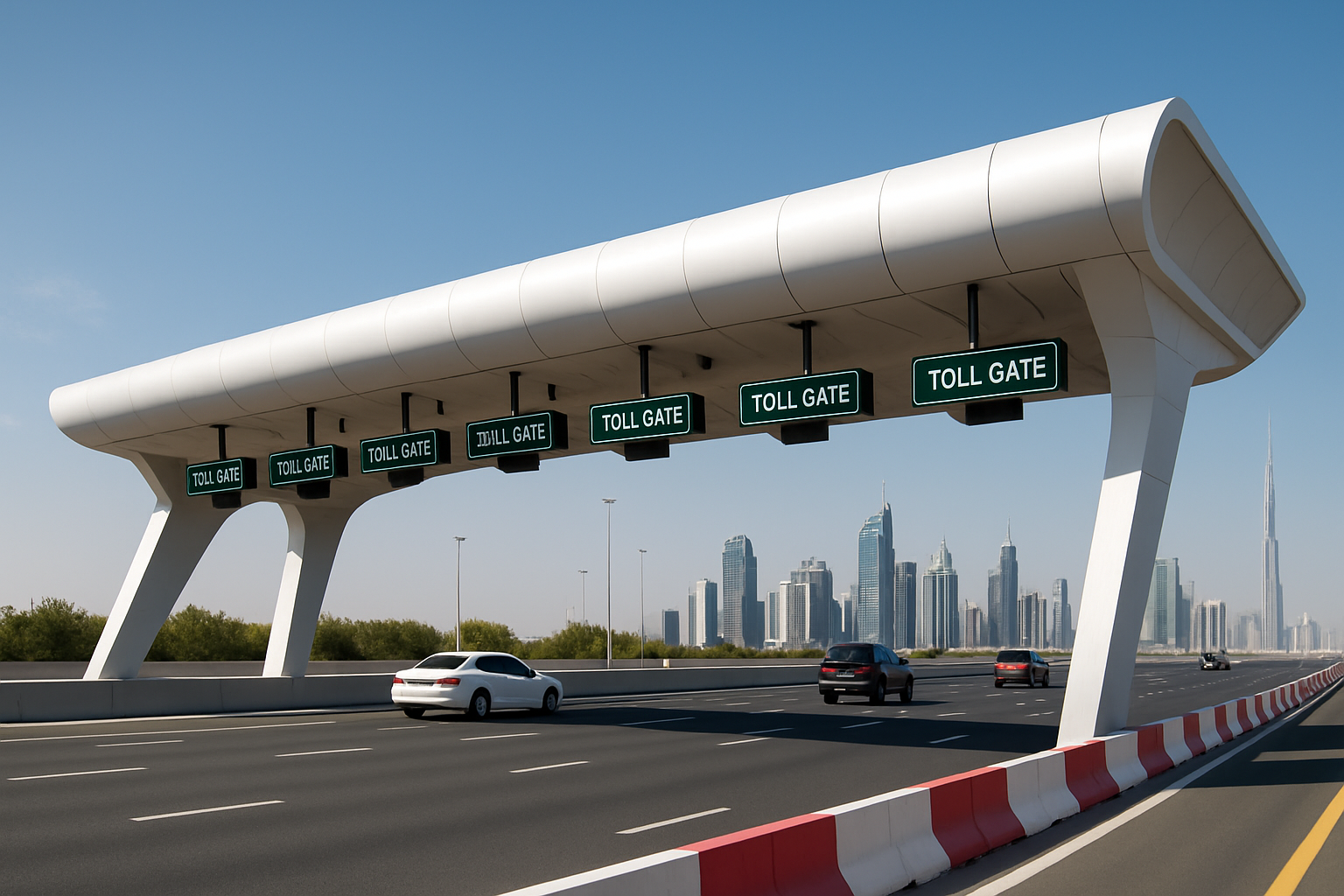 Modern toll gate infrastructure on a Dubai highway